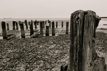 an ancient and ruined wooden pier extending into the sea from the shore to the horizon. Black and...