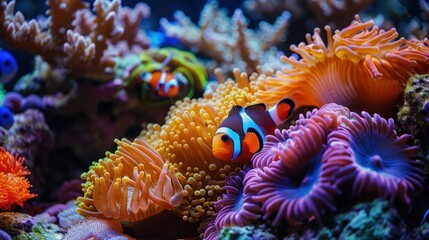 captivating close-up of a colorful coral reef teeming with marine life, including a vibrant clownfish peeking out from its anemone home.  