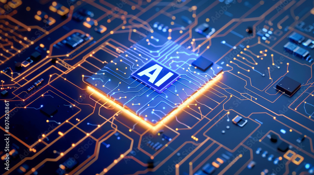 Poster abstract futuristic ai chip on a circuit board background, high tech and artificial intelligence con