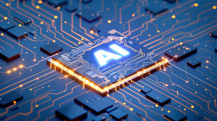 Abstract futuristic AI chip on a circuit board background, high tech and artificial intelligence concept