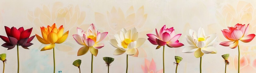 Artistic poster of lotus flowers levitating, arranged against a stark background to emphasize their symbolic purity and vibrant colors