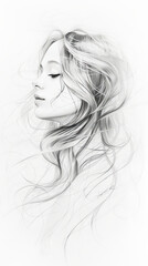An elegant monochrome pencil drawing of a beautiful young woman