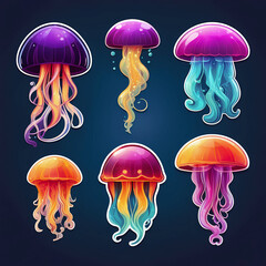 Illustration of set of fluorescent jelly fish cartoon isolated in dark background