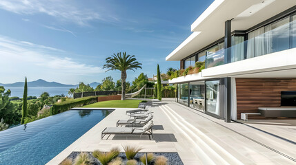 modern villa in cannes, white and black colors with wood details, big garden, terrace overlooking...