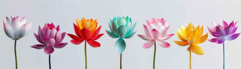 Fototapeta premium Artistic poster of lotus flowers levitating, arranged against a stark background to emphasize their symbolic purity and vibrant colors