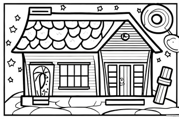 kid's coloring book, a house, cartoon, thick lines, black and white, white background, Ai generated