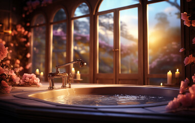 hot tub in a beautiful interior full of light and flowers.