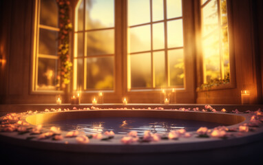 hot tub in a beautiful interior full of light and flowers.