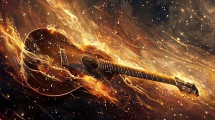 Acoustic Guitar Surrounded by Fiery Swirls
