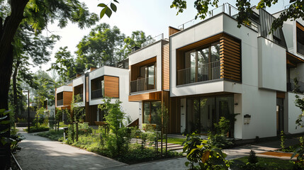 Fototapeta na wymiar modern white townhouses with wooden accents, set in a park among trees and greenery