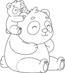 Cute kawaii panda and baby cartoon character coloring page vector illustration. Wild animal, mothers day colouring page for kids