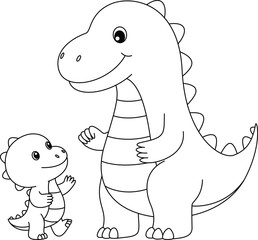 Cute kawaii dinosaur and baby cartoon character coloring page vector illustration. Wild animal, mothers day colouring page for kids