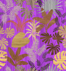Seamless pattern leaf graphics variety of types on colorfur texture tone wooden surface with tropical leaves used for decorative design.	
