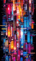 Futuristic cityscape with vibrant colors and geometric shapes. AI.