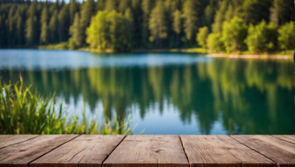 Nature's Haven, Wooden Tabletop Overlooking a Blur of Summer Lake and Green Forest - obrazy, fototapety, plakaty