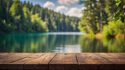 Nature's Haven, Wooden Tabletop Overlooking a Blur of Summer Lake and Green Forest - obrazy, fototapety, plakaty