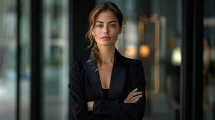 Portrait of successful female in business attire, arms crossed, confident expression. Successful. Achievement. Goals. Room for copy space.	 - obrazy, fototapety, plakaty