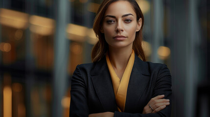 Portrait of successful female in business attire, arms crossed, confident expression. Successful. Achievement. Goals. Room for copy space.	 - obrazy, fototapety, plakaty