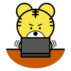 パソコンを使うトラ　上半身　イラスト