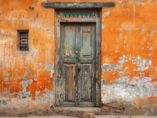 Weathered door and window with an orange wall in the background. AI.