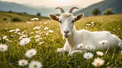 White little goat on alpine meadow with mountains in the background. Goat on green grass with flowers. Rural landscape