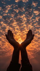 A person's hands are lifted in the air as if to catch the sun. AI.