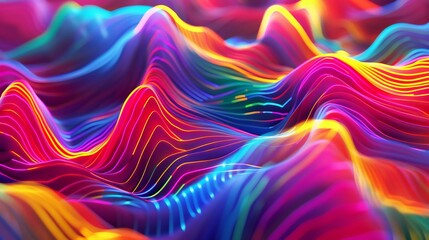 Geometric Currents: Neon geometric lines intersect and weave through the currents of 3D waves, creating an otherworldly tapestry of light and movement.