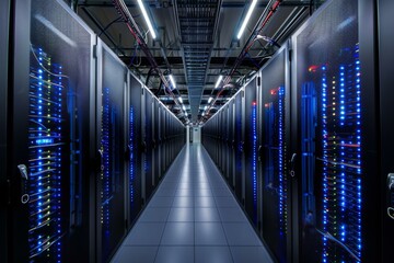 Rows of server racks with bright blue lights in a modern data center. AI.