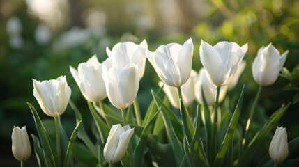 Group of White Tulips With Green Leaves