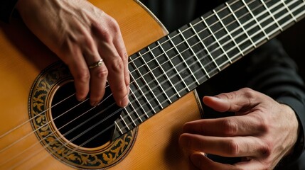 Fototapeta premium close-up photo of a classical guitar with its strings plucked, showing the intricate details of the instrument and the musician's fingers.