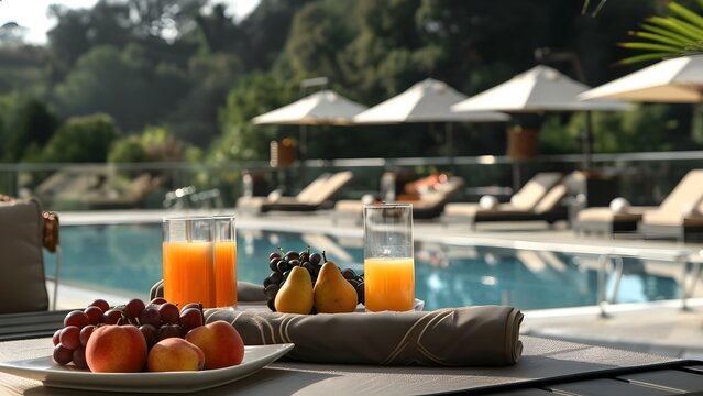 Private country club terrace with fruit plate juice glasses and pool view. Concept Country Club, Terrace, Fruit Plate, Juice Glasses, Pool View