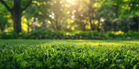 Close-up of green grass field with blurry trees and sunlight in the background. AI. - Powered by Adobe