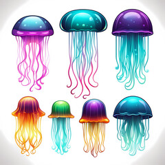 Illustration of set of fluorescent jelly fish cartoon isolated in white background