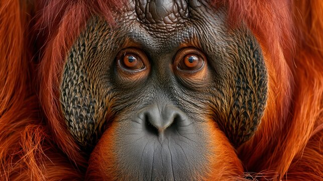  close-up photo of a majestic Sumatran orangutan with its fiery orange fur, capturing its soulful eyes and gentle gaze. 