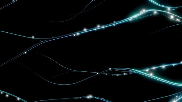 Abstract curving line moving on black background. Concepts used in the media about Network technology, communication or brain neurons function. 3D Render.	