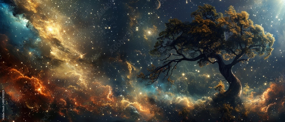 Wall mural a mesmerizing tableau of a timeless tree against a backdrop of galactic splendor, glowing with stell