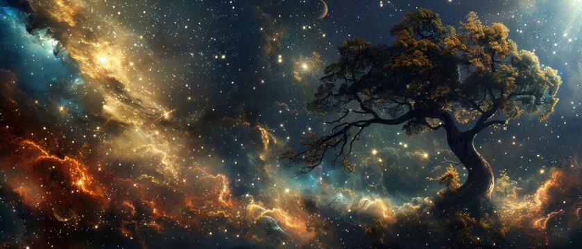 A mesmerizing tableau of a timeless tree against a backdrop of galactic splendor, glowing with stellar formations and cosmic clouds.