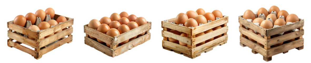 Brown eggs in a wooden box isolated on transparent background