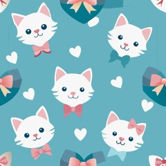 Seamless pattern of playful kittens and puppies wearing heart-shaped bows and ribbons for a cute and charming design, Generative AI
