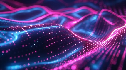 Luminescent Flow: Dynamic 3D waves illuminate with neon brilliance, accompanied by mesmerizing geometric lines.