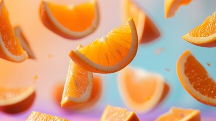 Fresh sliced Oranges flying up in the air, advertisement, healthy lifestyle, pastel colors...
