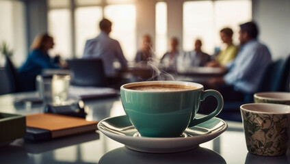 Office ambiance, Cups of coffee or tea adorning the table amidst busy office workers, creating a dynamic background that captures the essence of workplace productivity and camaraderie.