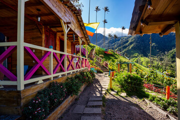 Entertainment center in Valle del Cocora Valley with tall wax palm trees. Salento, Quindio department. Colombia travel destination.