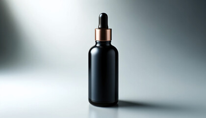a sleek black glass dropper bottle with a copper-colored cap, set against a plain light gray background