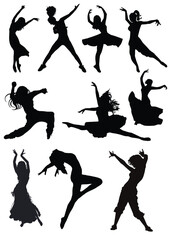 Silhouettes of dancing girls. Black and white vector illustration