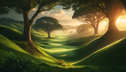 a lush, verdant golf course at dawn