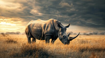 Obraz premium majestic black rhinoceros grazing in the African savanna, its powerful horn and muscular build symbolizing resilience and strength. 