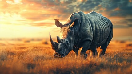 Fototapeta premium majestic black rhinoceros grazing in the African savanna, its powerful horn and muscular build symbolizing resilience and strength. 