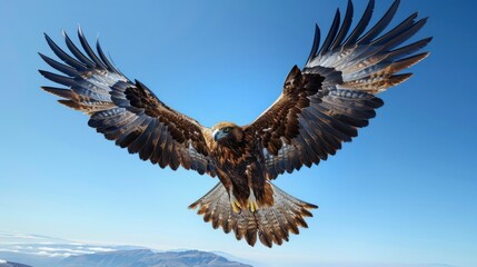 Fototapeta premium majestic golden eagle soaring through the clear blue sky, its wings outstretched, capturing the epitome of freedom and power. 