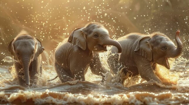  heartwarming scene of a group of baby elephants playing in the water, their playful splashes and joyful expressions bringing a smile to the viewer's face.  